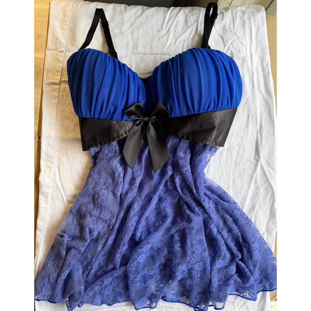 Coquette Y2K Babydoll Top Large Blue Lace Bow Detail Sheer Lace